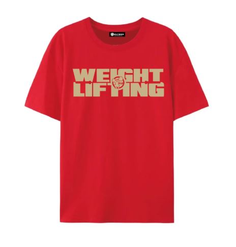 WE LIFT WEIGHTS ウエイトリフティングTシャツ　（レッド／ゴールド）